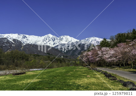 白馬村白馬大橋から新緑と雪をかぶった北アルプス 125979811