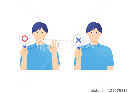 スクラブ姿の男性が○×札で判定する。整体師、介護士の上半身ベクターイラスト2点セット。 125979815