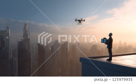 未来都市でドローンが配達するシーンのシネマティック映像 125979935