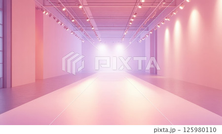 Empty fashion runway in soft pink tones with overhead lighting. Minimalist and elegant space for a show or presentation AI generated 125980110