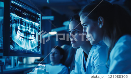 Dentist analyses a tooth X-ray holographic film. The concept of dental care, diagnostics, and precision in oral health treatment with modern technology. Generative AI. 125980506