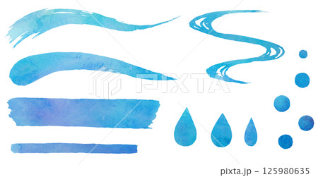 透明水彩で描いた和風のイラスト素材セット　水　波　雫　水滴　海 125980635