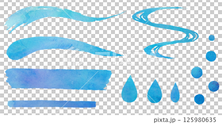 透明水彩で描いた和風のイラスト素材セット　水　波　雫　水滴　海 125980635
