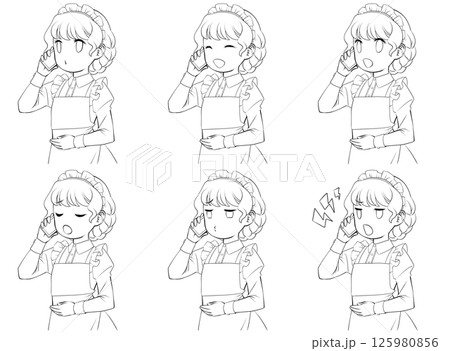 スマホで電話をかけるメイドの線画・様々な表情6種類セット 125980856