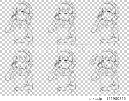 スマホで電話をかけるメイドの線画・様々な表情6種類セット 125980856