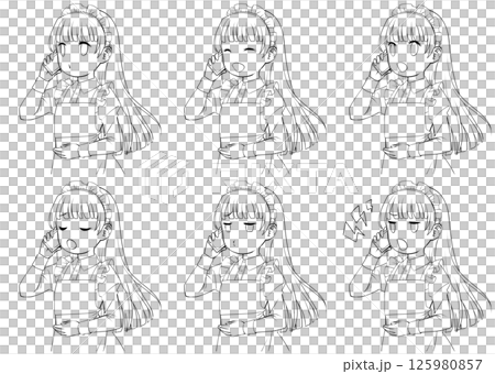 スマホで電話をかけるメイドの線画・様々な表情6種類セット スマホで電話をかけるメイドの線画・様々な表情6種類セット 125980857