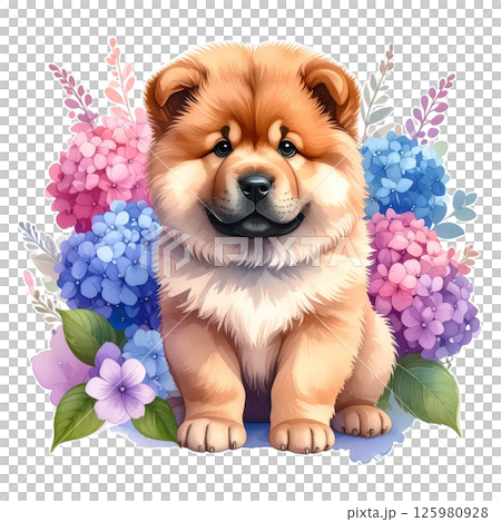 アジサイの花とチャウチャウの仔犬のイラスト4／チラシやポスター用素材 125980928