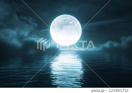 Misty clouds surround a full moon reflecting on the ocean, Deep blue and silver hues 125981752