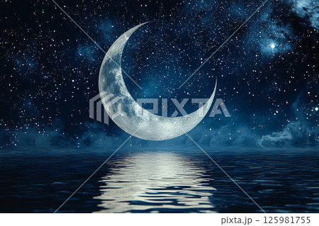 Starry sky above a calm lake, where a crescent moon reflects beautifully, Deep blue and silver hues 125981755