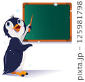 Teacher bird penguin standing with pointer near green blackboard 125981798