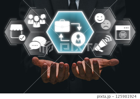 Visual representation of business to customer interaction with digital icons highlighting communication and marketing strategies. Visual representation of business to customer interaction with digital icons highlighting communication and marketing strategies. 125981924