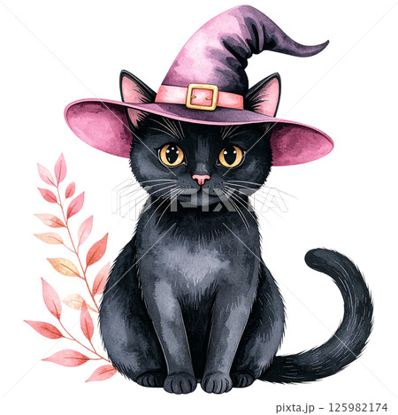 Cute Black Cat in Witch Hat Watercolor...のイラスト素材 [125982174] - PIXTA