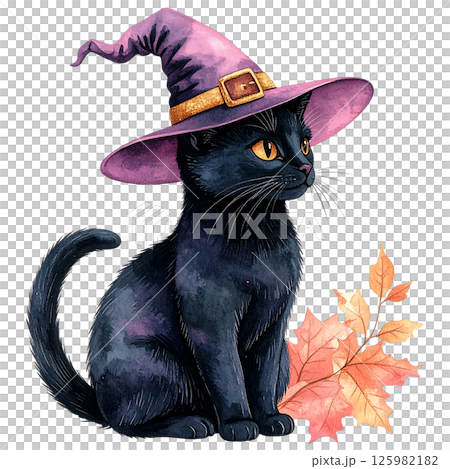 Cute Black Cat in Witch Hat Watercolor...のイラスト素材 [125982182] - PIXTA