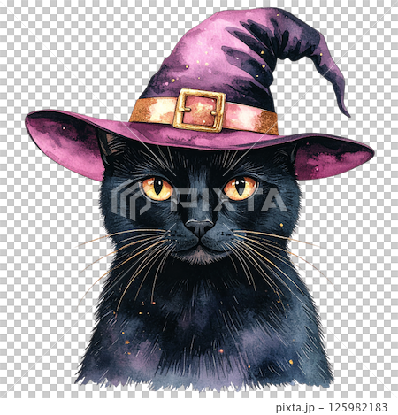 Cute Black Cat in Witch Hat Watercolor...のイラスト素材 [125982183] - PIXTA