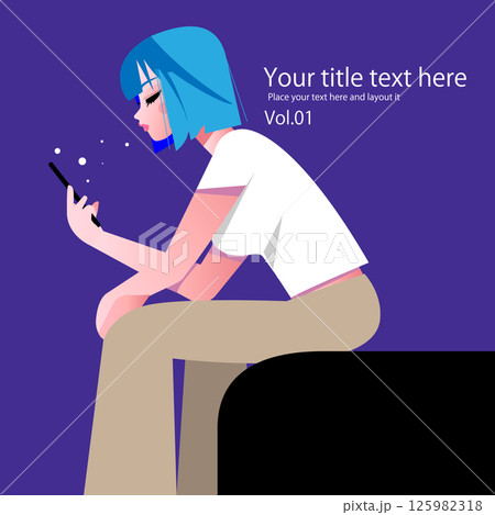 スマホで話す可愛い女性のデザイン的でフラットな横顔 125982318