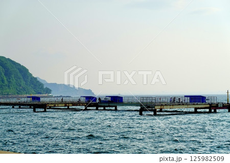 浅虫海づり公園駐車場の防波堤から海づり桟橋を見た風景　青森県青森市 125982509
