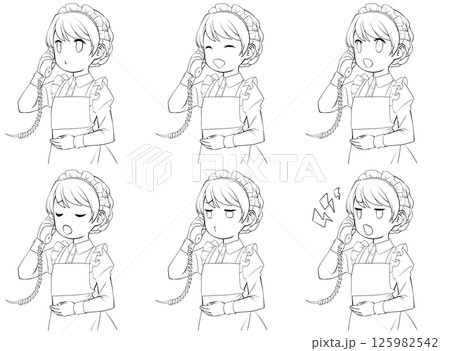 受話器を持って話すメイドの線画・様々な表情6種類セット 125982542