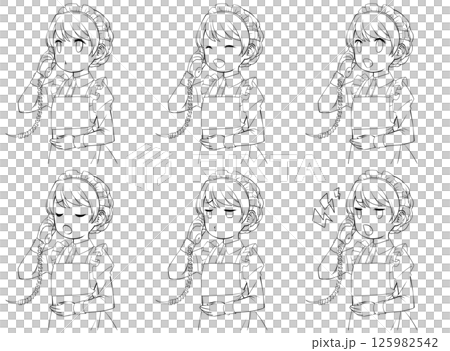 A set of six line drawings of a maid talking on a phone, with various facial expressions 125982542