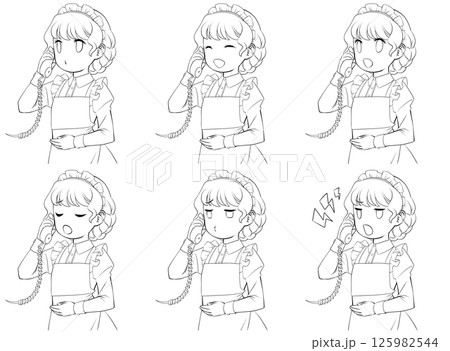 受話器を持って話すメイドの線画・様々な表情6種類セット 125982544