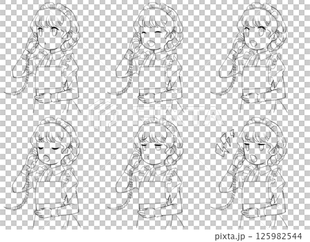 一組六幅線條畫，描繪的是一位女僕在打電話，臉部表情各異 125982544