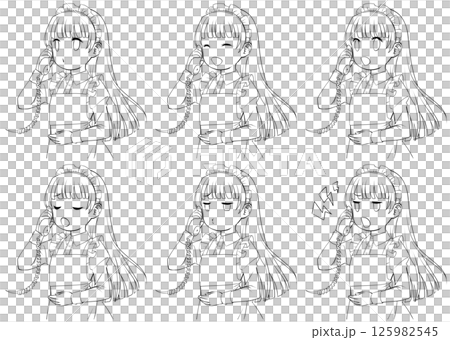 一組六幅線條畫，描繪的是一位女僕在打電話，臉部表情各異 125982545