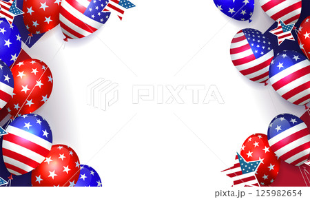 Festive composition with American attributes, balloons and stars 125982654