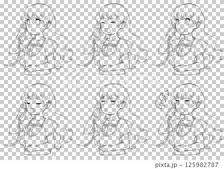 受話器を持って話す若い女性の線画・様々な表情6種類セット 受話器を持って話す若い女性の線画・様々な表情6種類セット 125982787