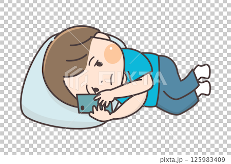 一個孩子躺著，茫然地盯著他的智慧型手機 125983409