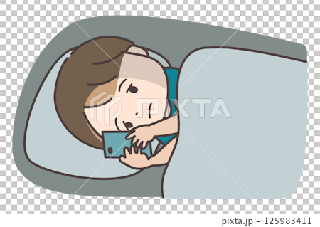 夜中に布団でスマホを見る男の子 125983411