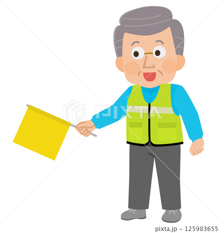 登下校の見守りボランティアをする高齢男性　イラスト 125983655