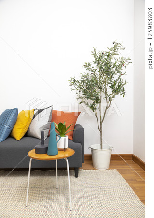 Stylish living room interior with orange, red blue, yellow pillow on sofa, wooden coffee table and olive tree in a pot. 125983803