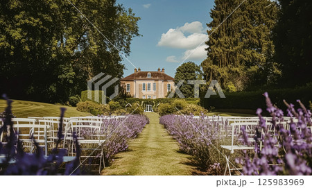 Aisle with wooden chairs and purple lavender floral decorations at an outdoor wedding ceremony in the garden 125983969