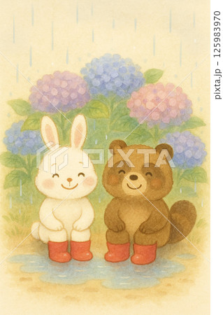 あじさいの前に座るうさぎとたぬきのイラスト 125983970