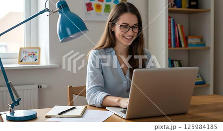Smiling Woman Working on Laptop at Home Office 125984185