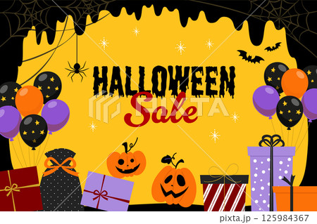 カボチャとプレゼントやバルーンのハロウィンセールバナー_文字あり_ベクターイラスト 125984367