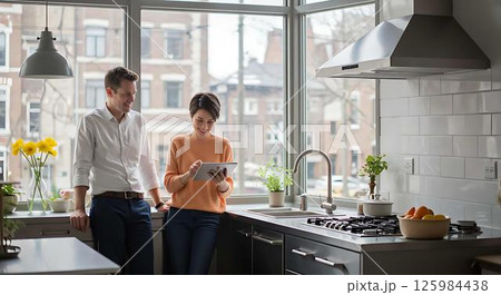 Couple using tablet in modern kitchen 125984438