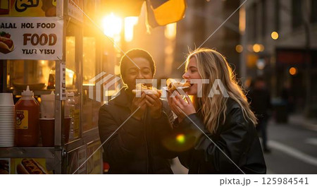 Friends Enjoying Hot Dogs at Sunset 125984541