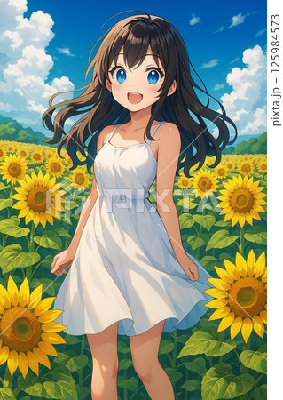 青空とひまわり畑の中で笑う白いワンピースの女の子 125984573