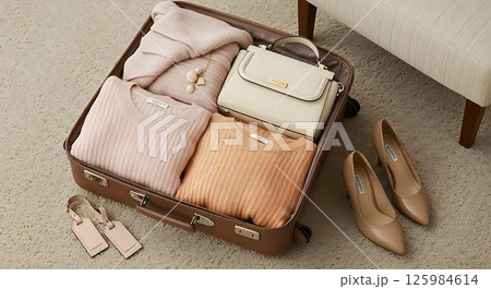 Packed Suitcase with Neutral Clothing and Accessories 125984614