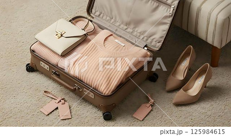 Packed Suitcase, Travel Essentials, Beige 125984615