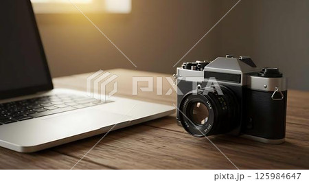 Vintage Camera and Laptop on Wooden Desk 125984647