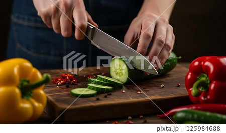 Woman slicing cucumber on wooden board 125984688
