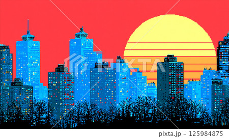ドット絵で描かれた夕焼けの都市風景のイラスト素材 [125984875] - PIXTA