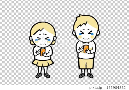 A boy and girl in casual clothes operating a smartphone while crying 125984882