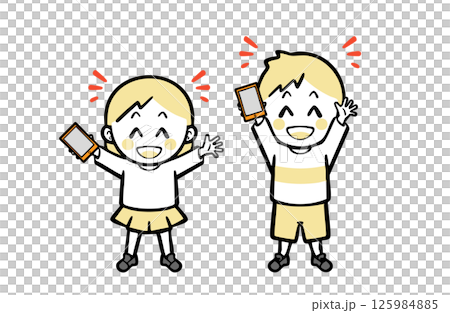 Boys and girls in casual clothes happily holding smartphones 125984885