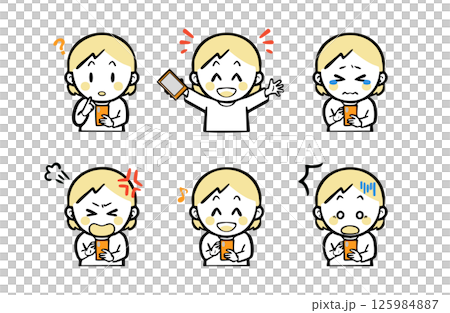 A set of facial expressions for a girl in casual clothes holding a smartphone A set of facial expressions for a girl in casual clothes holding a smartphone 125984887