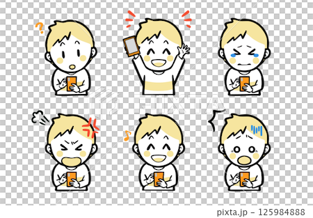 A set of facial expressions for a boy in casual clothes holding a smartphone 125984888