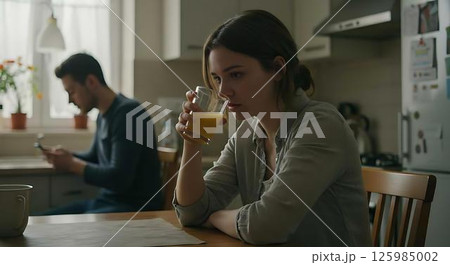 Sad woman drinking orange juice, ignoring man on phone 125985002