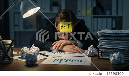 Tired Businessman Needs Help, Overworked 125985004