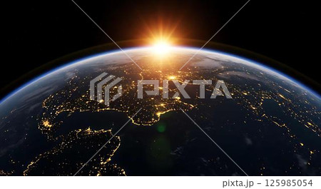 Sunrise Earth From Space, City Lights 125985054
